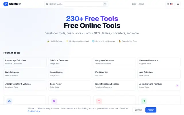 Screenshot of UtilsNow - 194+ Free Online Tools for Developers & Everyone