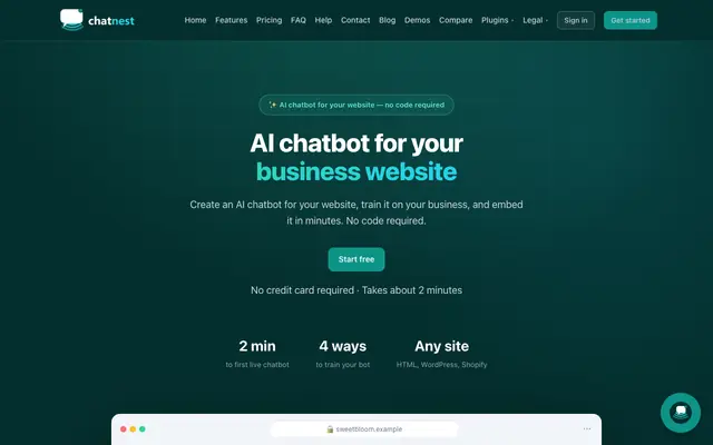 Screenshot of ChatNest — AI customer support chatbots for your business