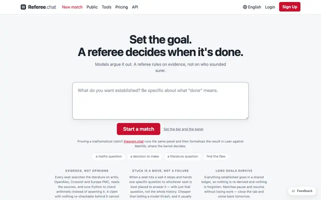Screenshot of Referee.chat — An AI Panel Works Your Goal, a Referee Rules