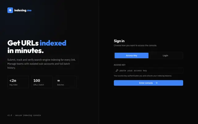 Screenshot of IndexURLs - Instant URL Indexing