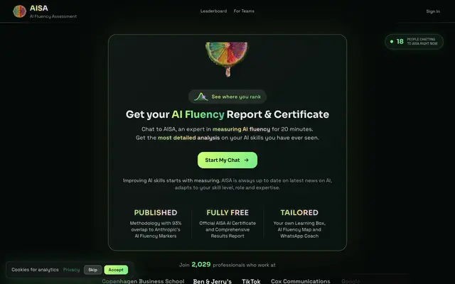Screenshot of AI Fluency Assessment — Free Report & AI Certification | AISA