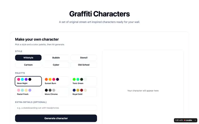 Screenshot of Graffiti Character Generator & Gallery