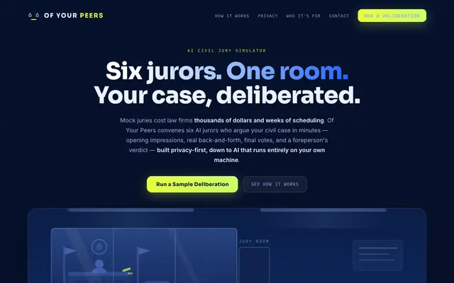 Screenshot of Of Your Peers — AI Civil Jury Simulator. Test your case before trial.