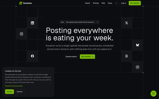 Screenshot of Sociarion: AI social media scheduler that keeps your brand voice