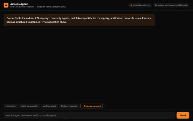 Screenshot of Aidress Agent — A2A Discovery Chat