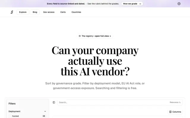 Screenshot of Sovereign AI Registry — AI vendor sovereignty & compliance