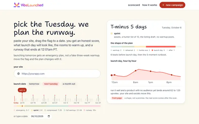 Screenshot of vibelaunched — launch your vibe-coded app. everywhere.