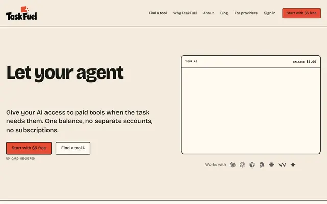 Screenshot of TaskFuel — paid tools for your AI, one balance