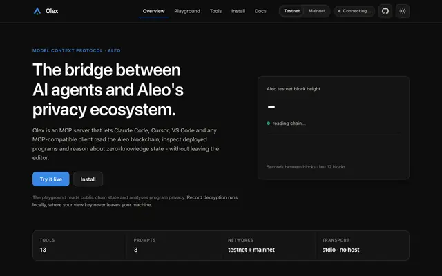 Screenshot of Olex - AI agents meet Aleo