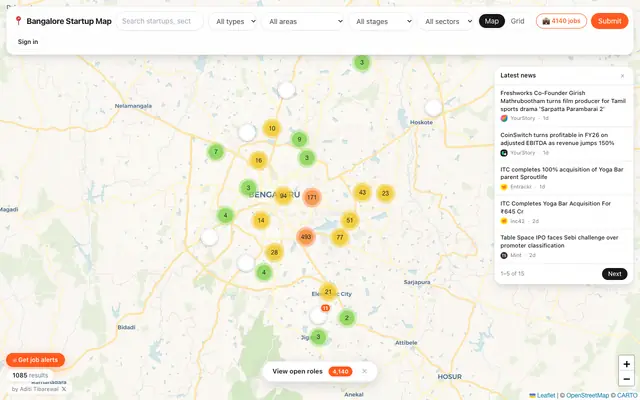 Screenshot of Bangalore Startup Map — Startups in Bengaluru