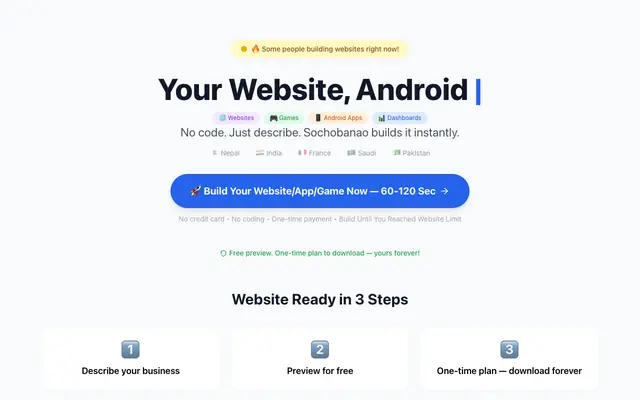 Screenshot of SochoBanao — Free AI Website Builder | Build in 60 Sec | 6 Languages 🇳🇵