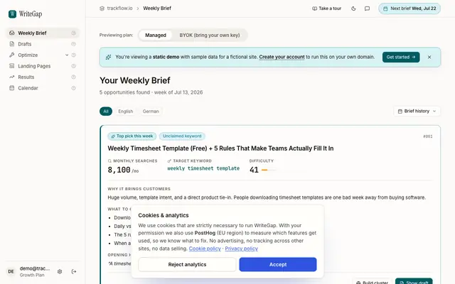 Screenshot of WriteGap Demo — See the product with sample data