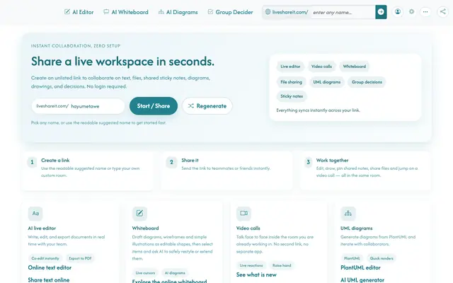Screenshot of LiveShareIt: AI Live Editor, File Sharing, UML Diagrams, Group Decision AI