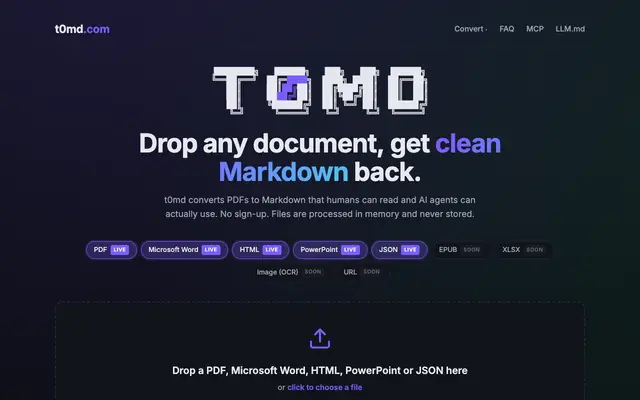 Screenshot of PDF to Markdown Converter — Word, PowerPoint, HTML, JSON · t0md