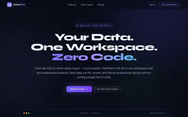 Screenshot of DataPilot — No-Code Data Science, All in One Workspace