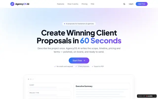 Screenshot of AgencyOS AI — Client Proposals in 60 Seconds