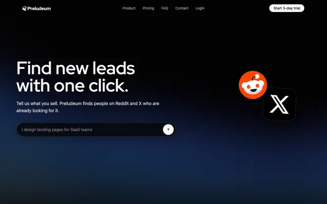 Screenshot of Find Leads on Reddit & X | Preludeum