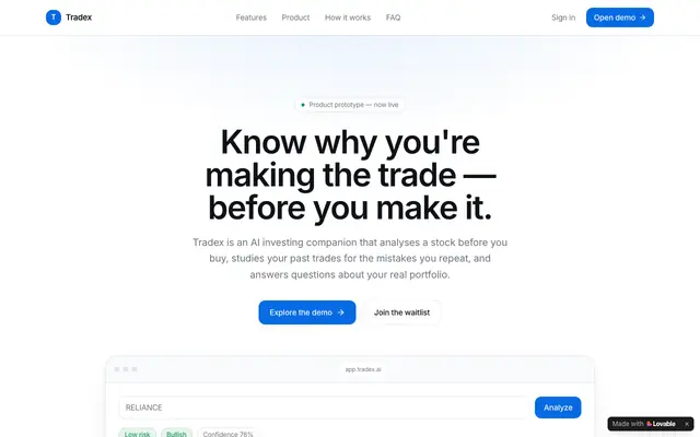 Screenshot of Tradex — AI analysis before you place the trade