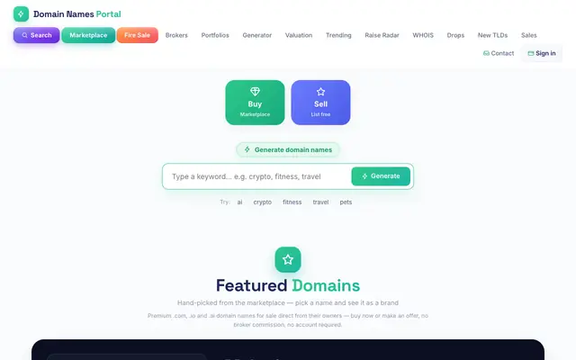 Screenshot of Domain Names Portal — Free Domain Name Generator, Valuation, Availability & WHOI