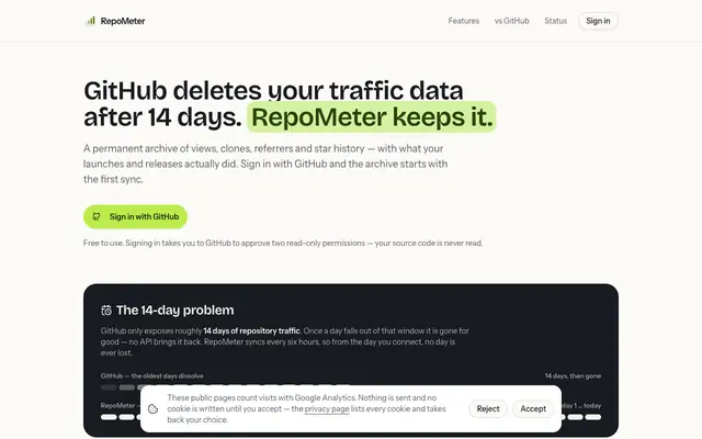 Screenshot of RepoMeter — GitHub traffic history that never expires