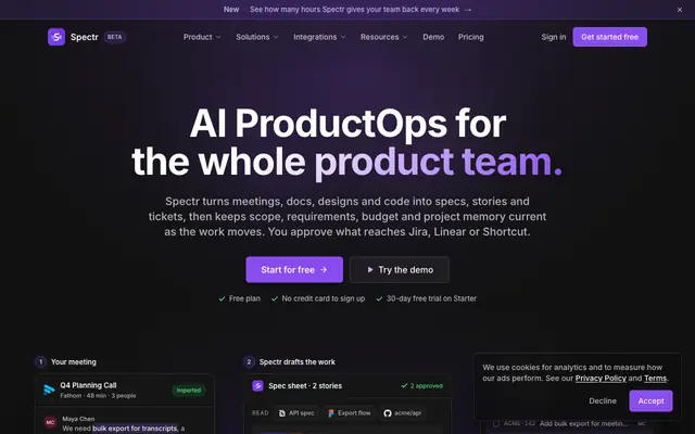 Screenshot of Spectr - Your meetings, straight to the backlog