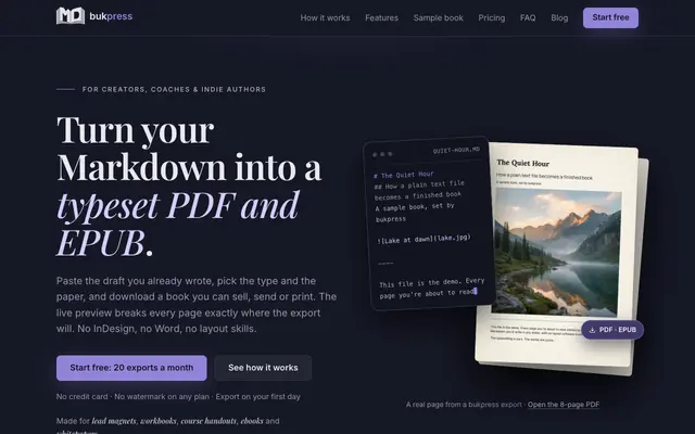 Screenshot of bukpress — Markdown in, a designed book out