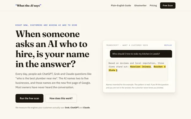 Screenshot of What The AI Says. AI visibility for your business.