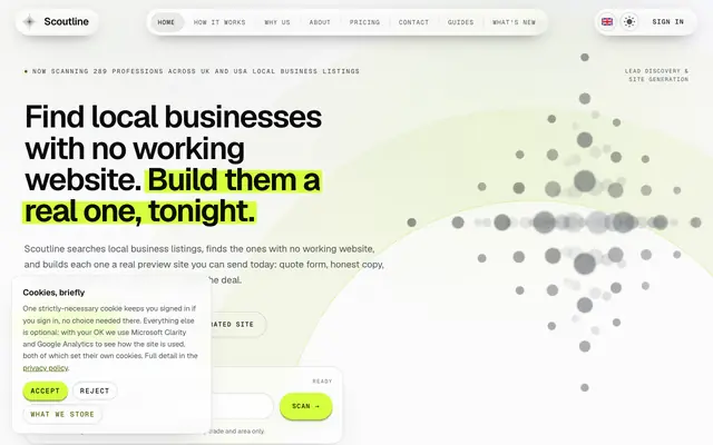 Screenshot of Scoutline — Find invisible businesses. Ship them a website.