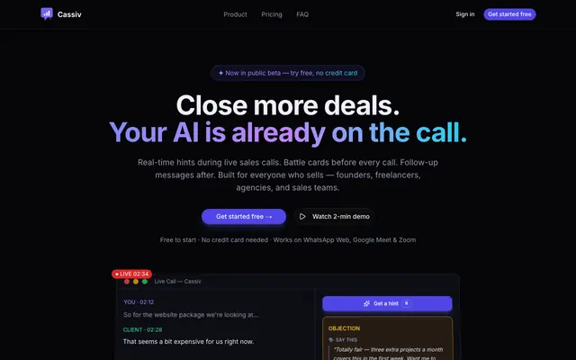 Screenshot of Cassiv — Real-time AI Sales Co-Pilot