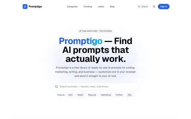 Screenshot of Promptigo — Find AI prompts that actually work