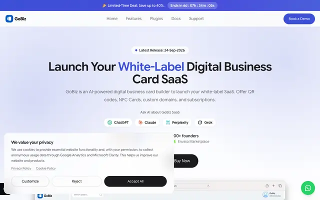 Screenshot of Launch Your White-Label Digital Business Card Platform | GoBiz SaaS