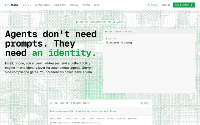 Screenshot of Anima — Identity Infrastructure for AI Agents