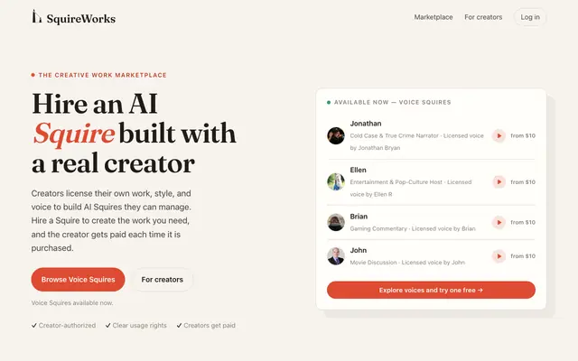 Screenshot of SquireWorks — hire an AI Squire built with a real creator