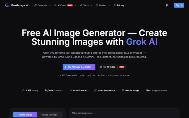 Screenshot of GrokImage.ai — Free AI Image Generator | Grok Imagine, Gemini & GPT-Image-2