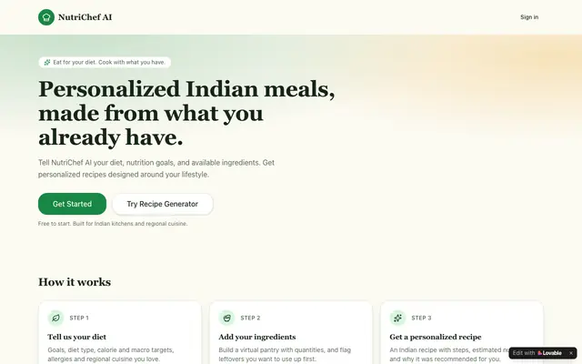 Screenshot of NutriChef AI — Personalized Indian meals from what you have