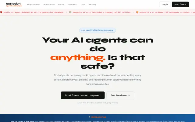 Screenshot of custodyn. — Agent Trust Platform