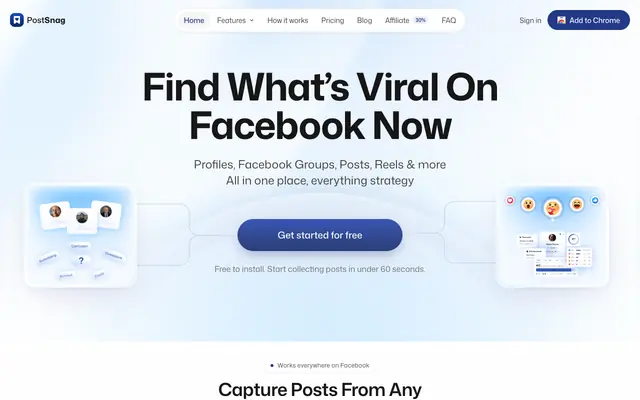 Screenshot of PostSnag — Snag any Facebook post. Build your swipe file. Discover what works.
