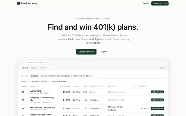 Screenshot of Basic Capital Plan Prospector