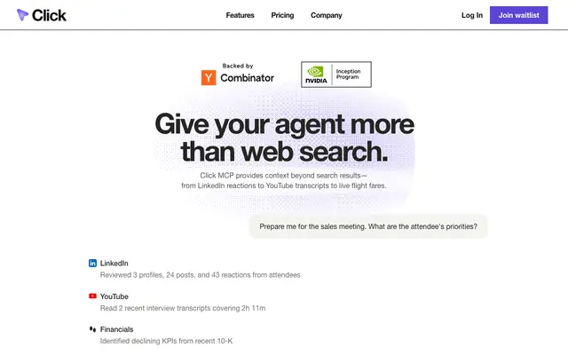 Screenshot of Click | Give your agent more than web search