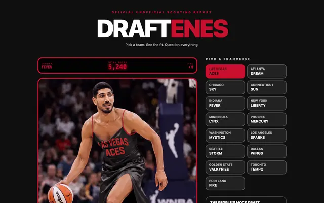 Screenshot of DraftEnes.com — Put Enes in Every WNBA Team Look