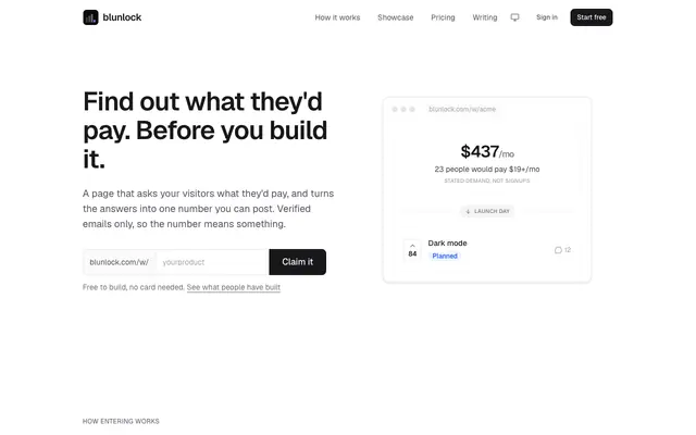 Screenshot of blunlock — find out what people would pay, before you build it