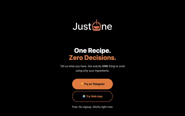 Screenshot of JustOne — One Recipe from What You Have