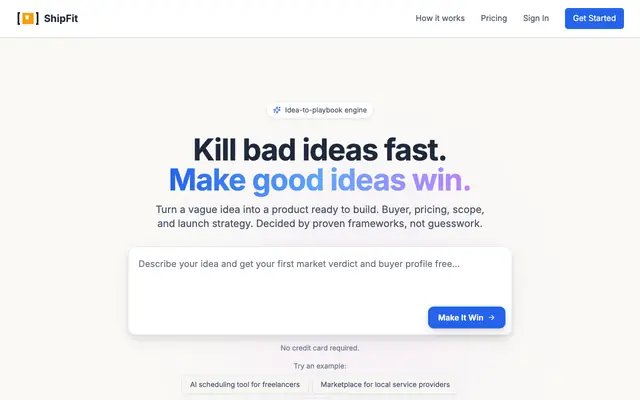 Screenshot of ShipFit. Kill bad ideas fast. Make good ideas win.
