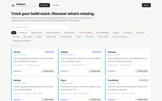 Screenshot of SWApps — the SaaS builder's stack
