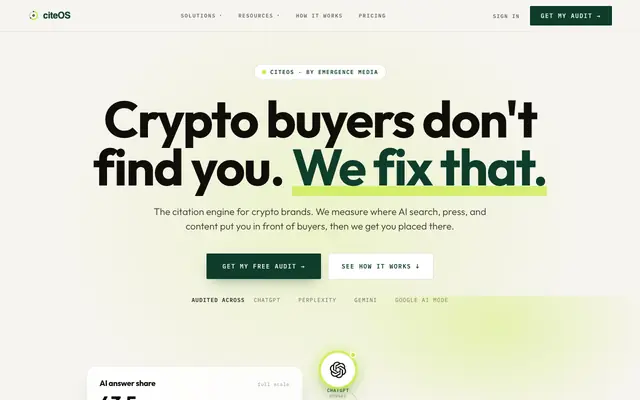 Screenshot of citeOS · AI search visibility for crypto brands · by Emergence Media