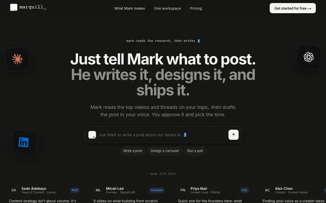 Screenshot of Marquill — Meet Mark, your LinkedIn agent