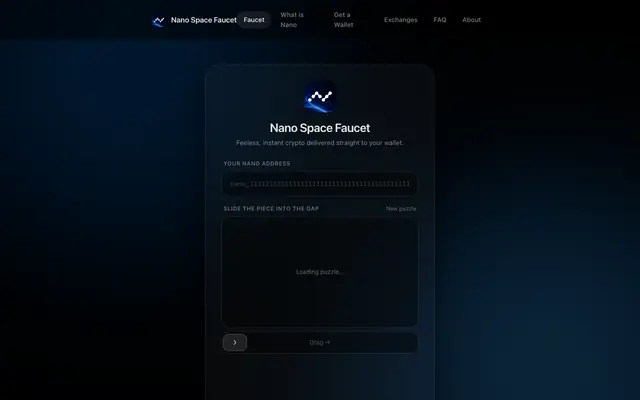 Screenshot of Nano Space Faucet — Free Instant Nano (XNO)
