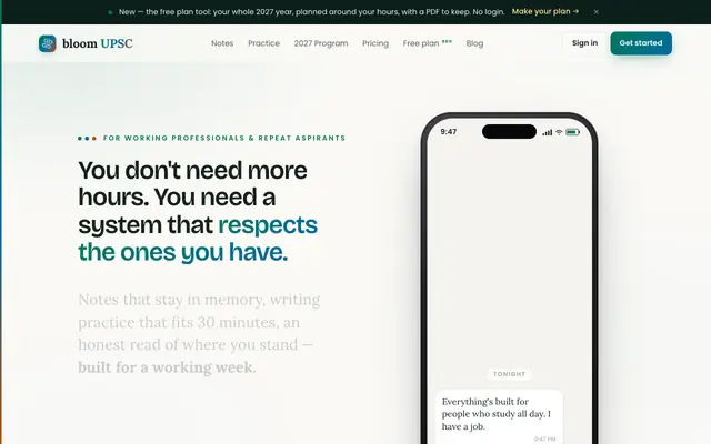 Screenshot of BLOOM UPSC — UPSC prep built for the hours you have