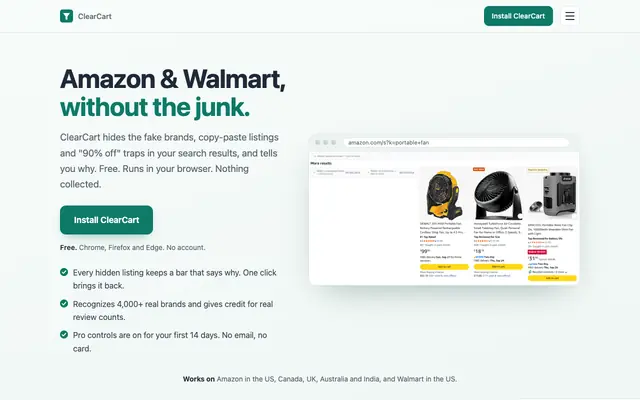 Screenshot of ClearCart — Hide Junk Listings on Amazon & Walmart | Chrome, Firefox & Edge Exte