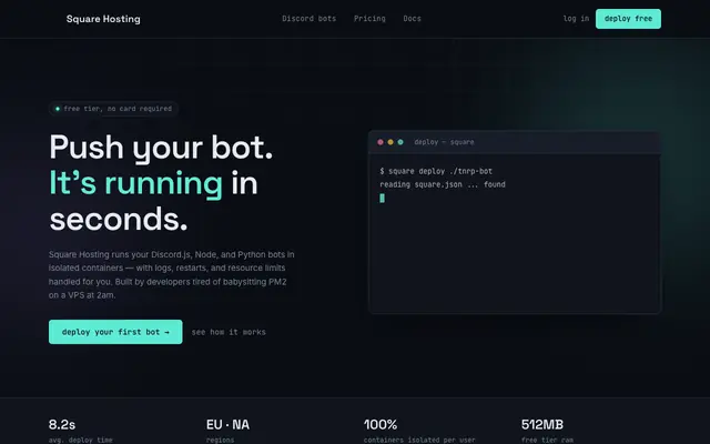 Screenshot of Square Hosting — container hosting for Discord bots
